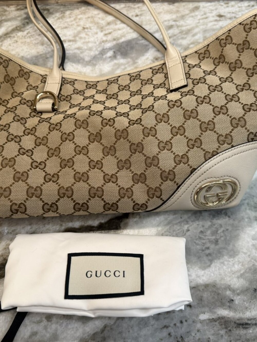 Gucci GG Canvas New Britt Tote 169946 Cream Leather Dust Bag